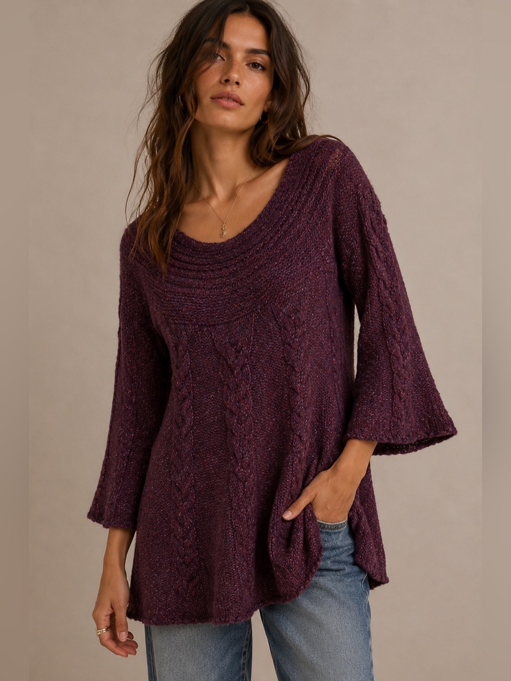 Free People Women Size XS Purple Cable Knit 3/4 Bell Sleeve Tunic Sweater Dress